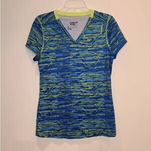 Reebok playdry blue green short sleeve v-neck workout shirt - small